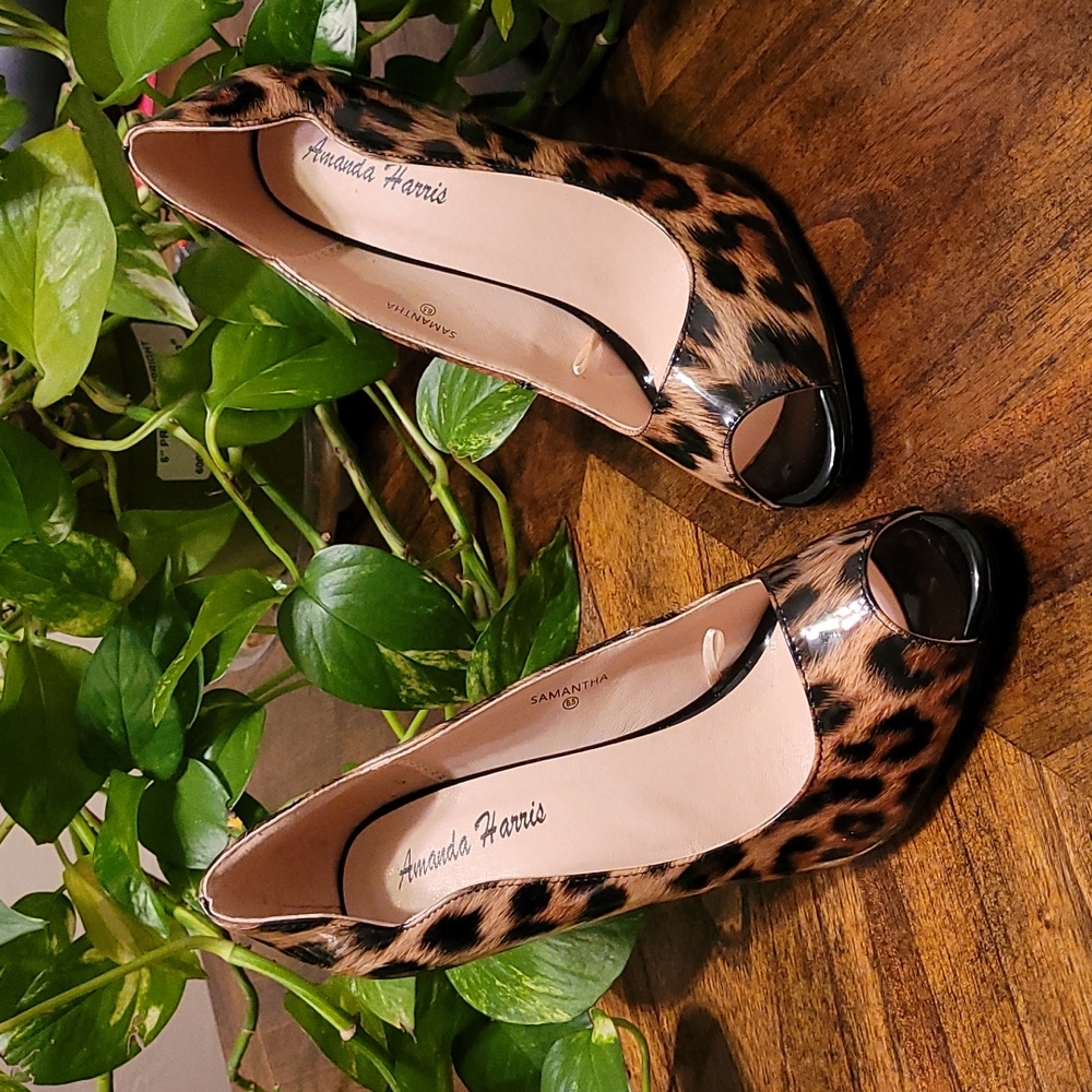 Amanda Harris Samantha leopard print patent leather peep toe stillettos.…